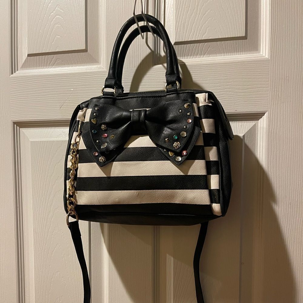 Betsey Johnson Synthetic Black and White Striped Bow & studs accents satchel